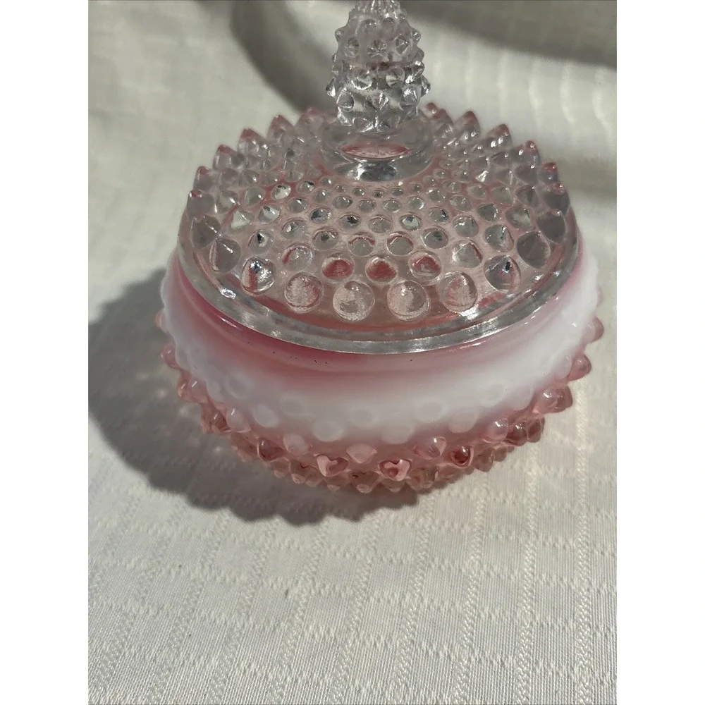 Vintage Fenton Opalescent Cranberry Hobnail Vanity Dresser Powder Box
